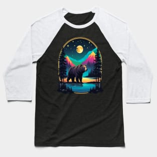 Grizzly Bear Standing Proud On A Lake With Starry Night Baseball T-Shirt